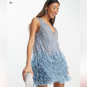 ASOS EDITION Crystal and bead mini dress with faux feather hem in cornflower blu